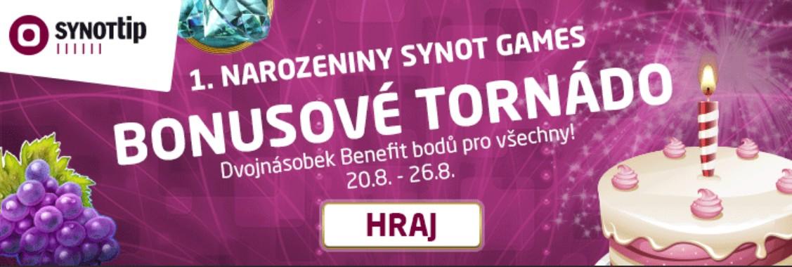 Ulovte si dvojnásobek bodů k 1. narozeninám SYNOT casina | První narozeniny online casina SYNOT Games probíhají ve velkém stylu a hned s dvojnásobkem BENEFIT bodů do hry! Zaregistrujte se, zapojte se do hry a užívejte si dvojnásobně s dvojnásobkem bodů na kontě! Platí pro každého hráče až do neděle!